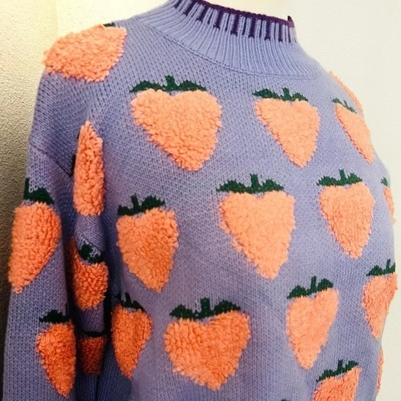 NWOT Strawberry Pattern Sweater lavender peach pink purple - Picture 3 of 5